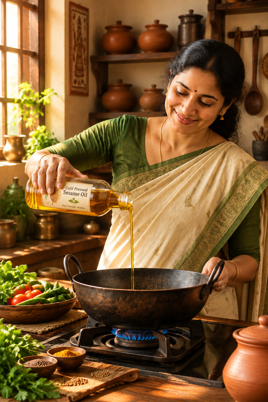 Mother cooking with sesame oil - portrait