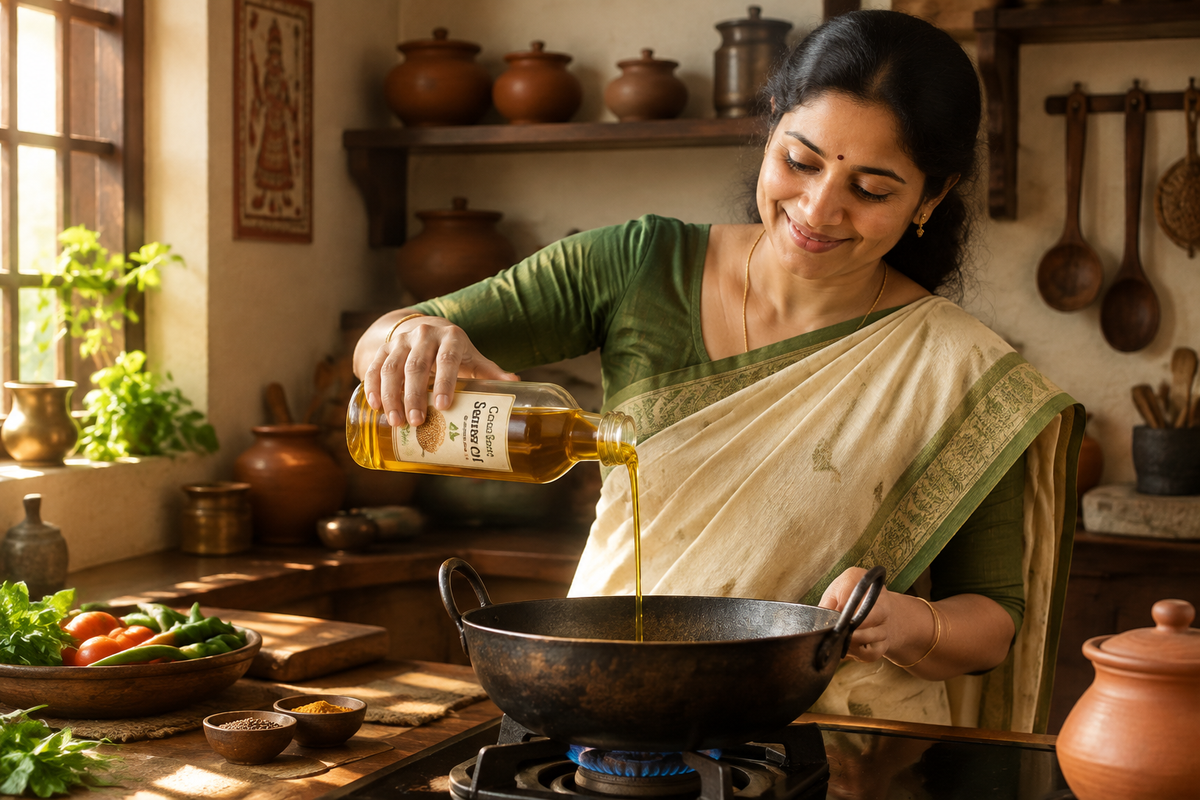 Mother cooking with sesame oil